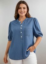 Classic Denim Henley Top with Front Pocket
