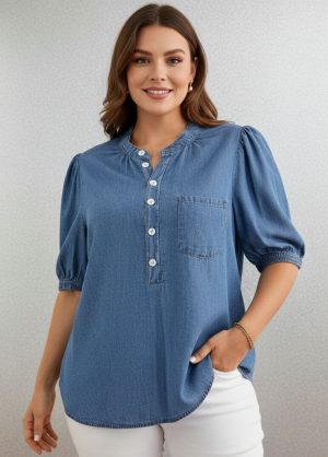 Classic Denim Henley Top with Front Pocket