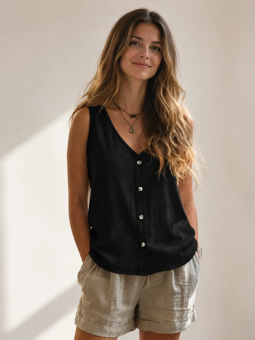 Lovshy Women’s Sleeveless Front Button Relaxed Fit Top - Image 4