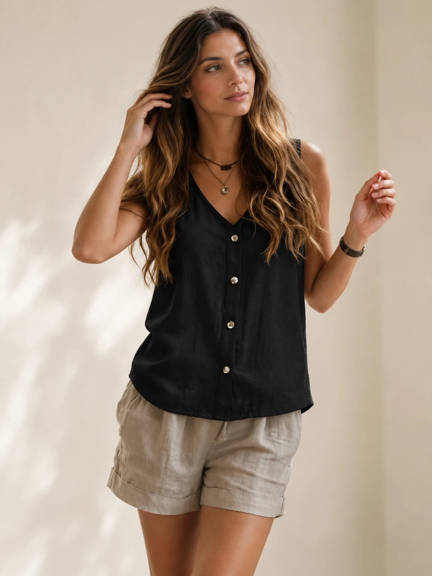 Lovshy Women’s Sleeveless Front Button Relaxed Fit Top - Image 2
