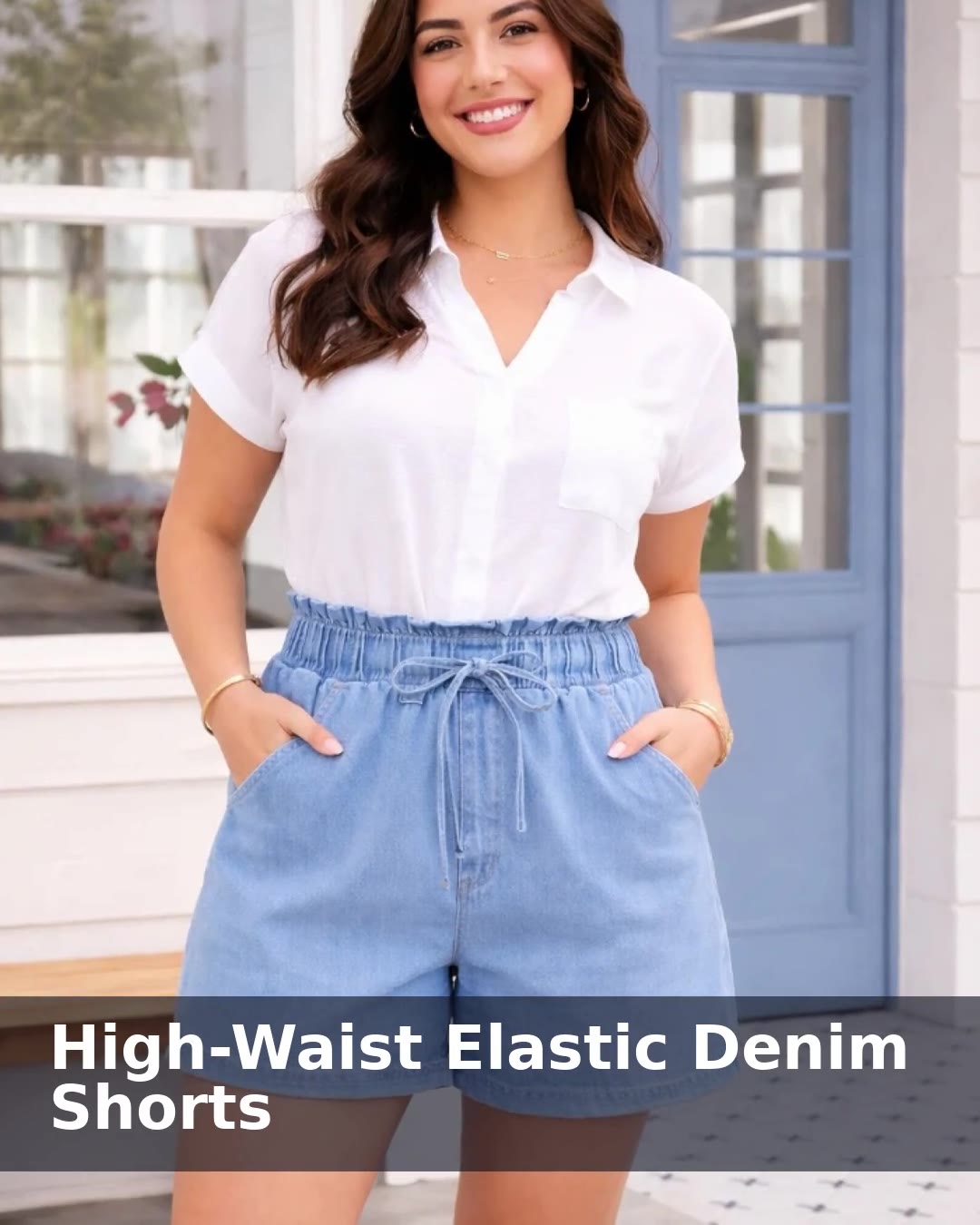 High-Waist Elastic Denim Shorts - video