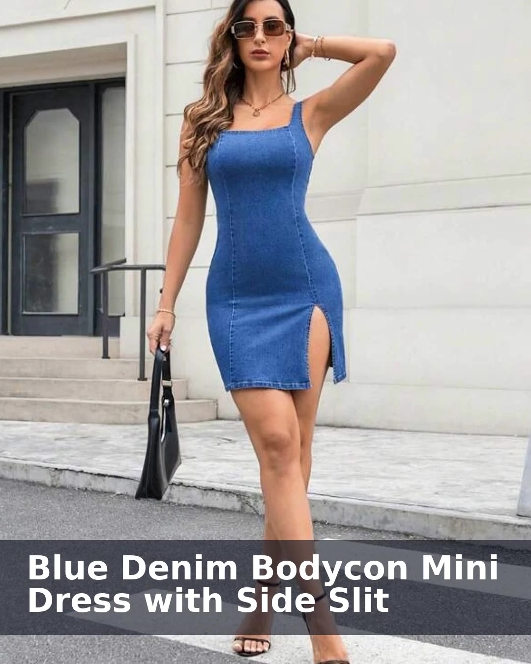 Blue Denim Bodycon Mini Dress with Side Slit - video