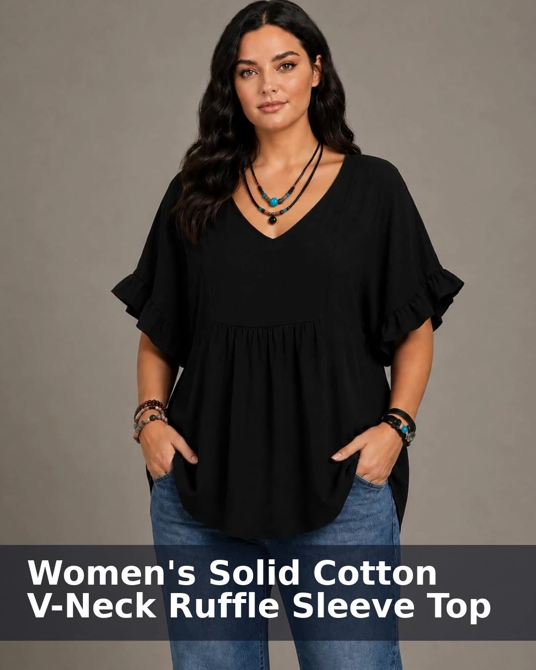 Women's Solid Cotton V-Neck Ruffle Sleeve Top - video