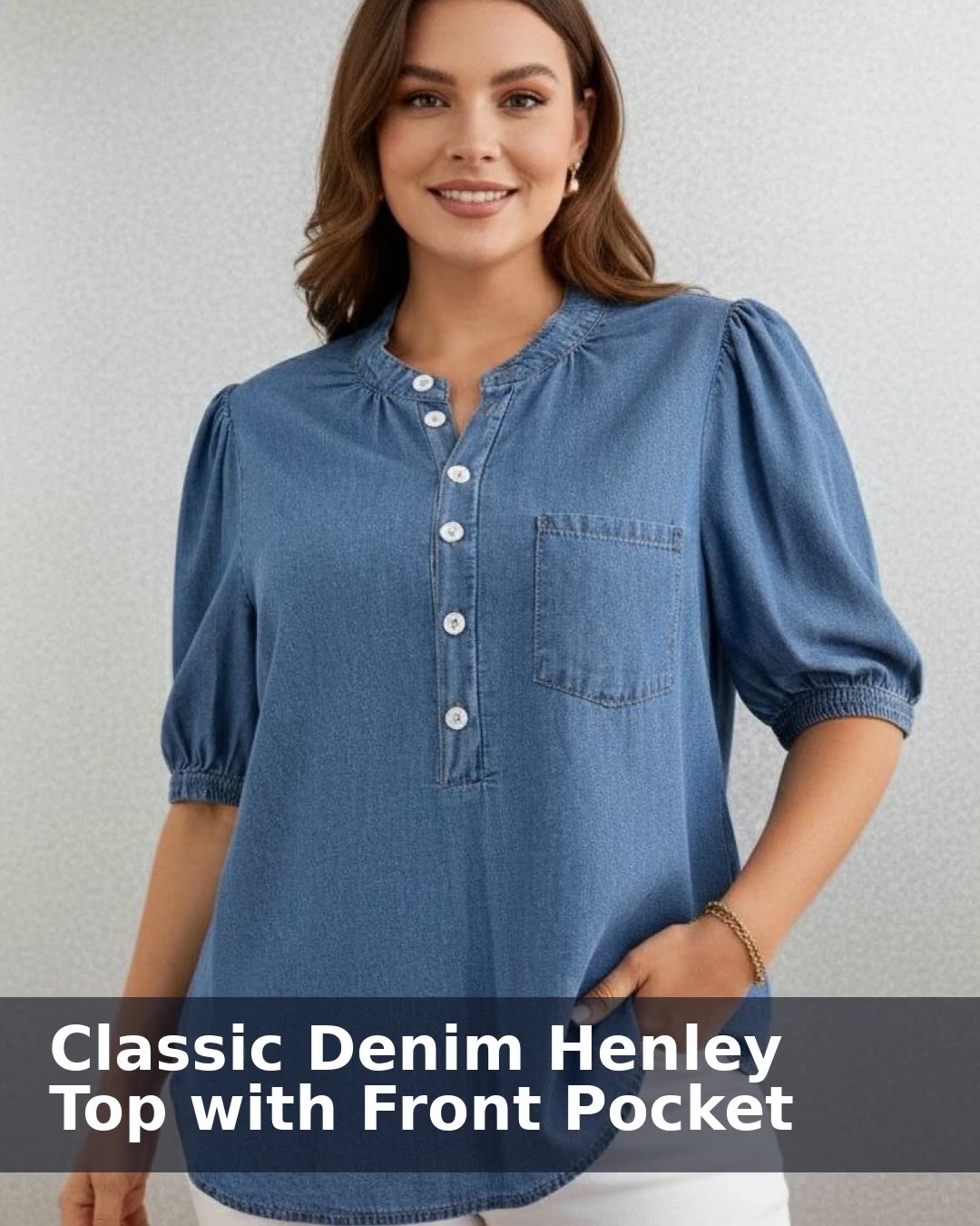 Classic Denim Henley Top with Front Pocket - video